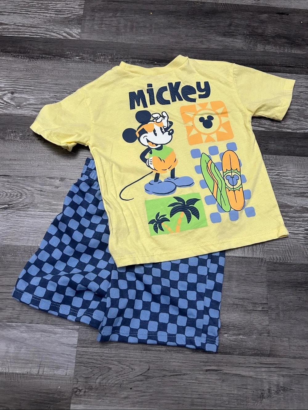 Disney Yellow Mickey Graphic Tee with Blue Check Shorts